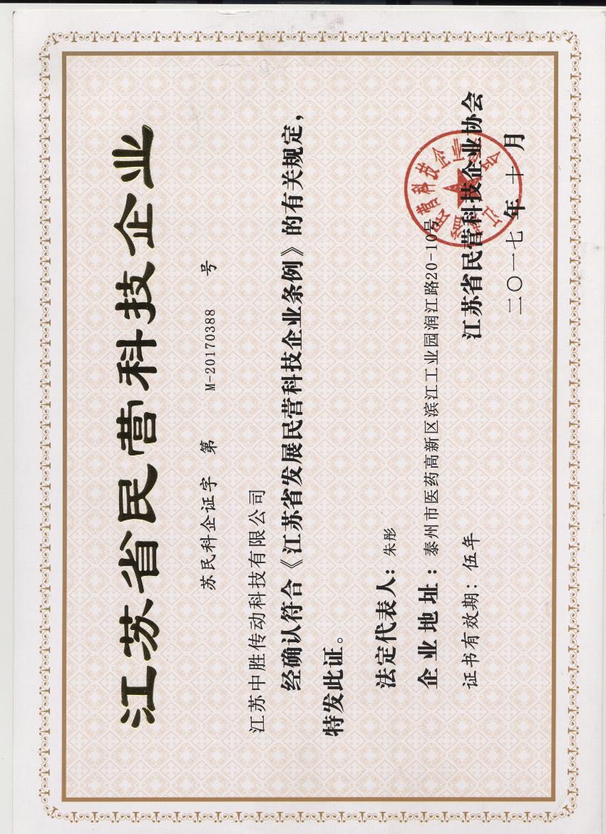 江苏省民营科技企业证书